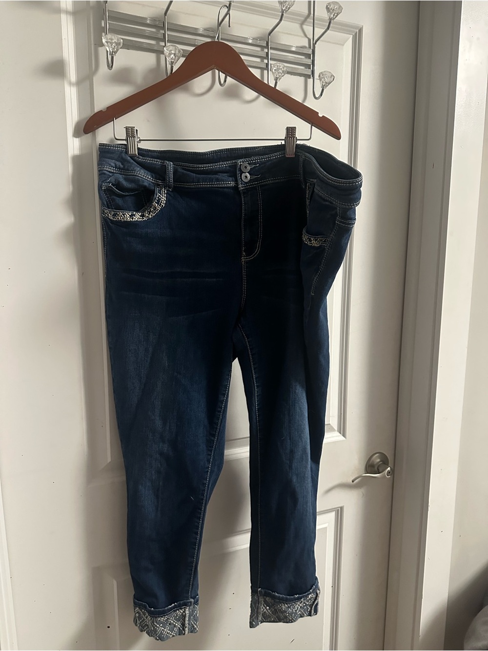 Dark Blue Cropped Jeans with Embellished Trim